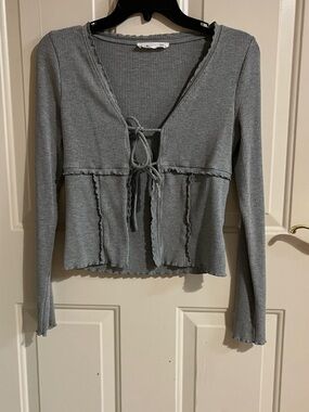 Elodie Ribbed Tie-Front Long Sleeve Top - Gray